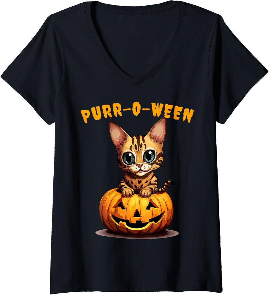 Women's Halloween Funny Bengal Cat Purr-o-ween V-Neck T-Shirt - Black