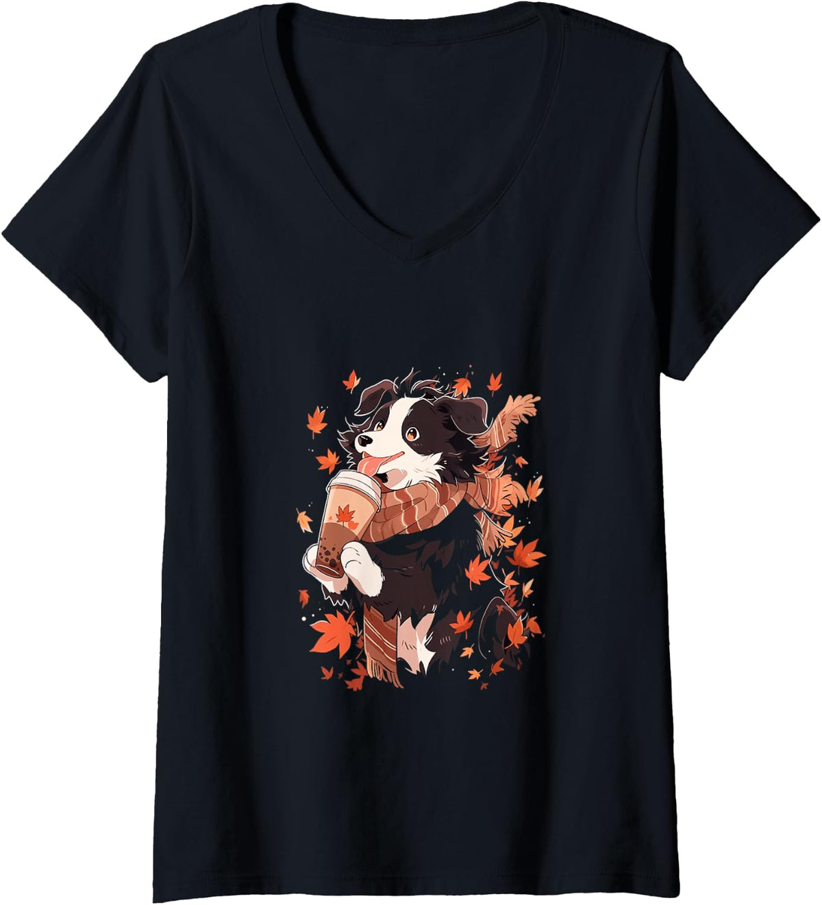Women's Border Collie Autumn Leaves Pumpkin Spice Latte Kawaii V-Neck T-Shirt - Black