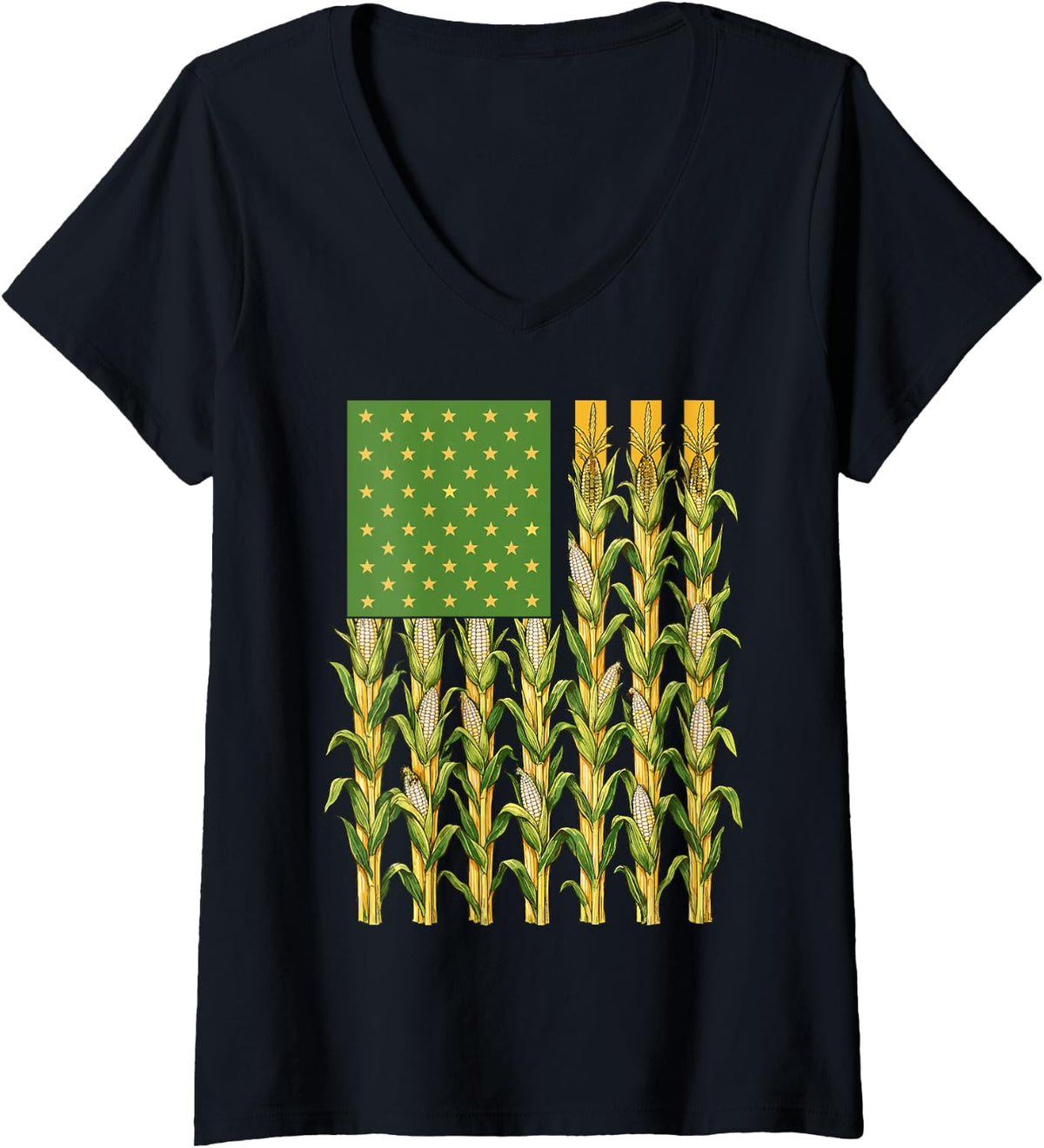 Women's American Flag Corn Field USA Patriotic Farmer Farm Pride V-Neck T-Shirt - Black