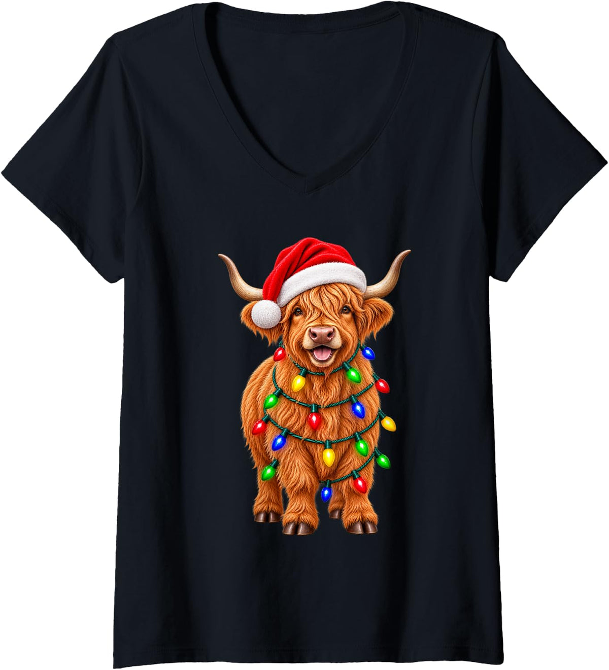Women's Highland Cow Christmas Matching Family Men Women Xmas Pajama V-Neck T-Shirt - Black
