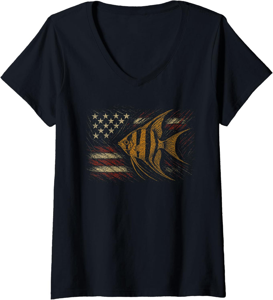 Women's American Flag Fish Fisher Fisherman Funny Bass Fishing USA V-Neck T-Shirt - Black