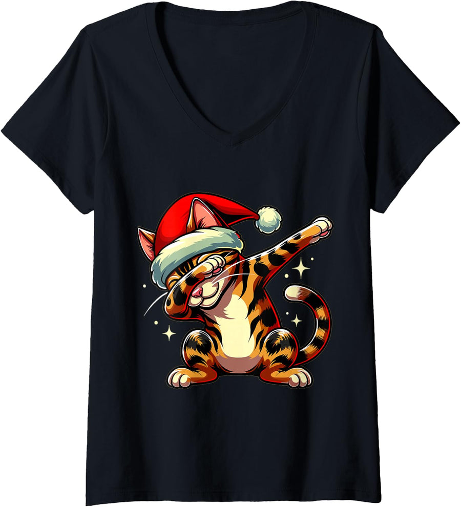 Women's Christmas Bengal Cat Dabbing Dab Pose Santa Hat Xmas V-Neck T-Shirt - Black