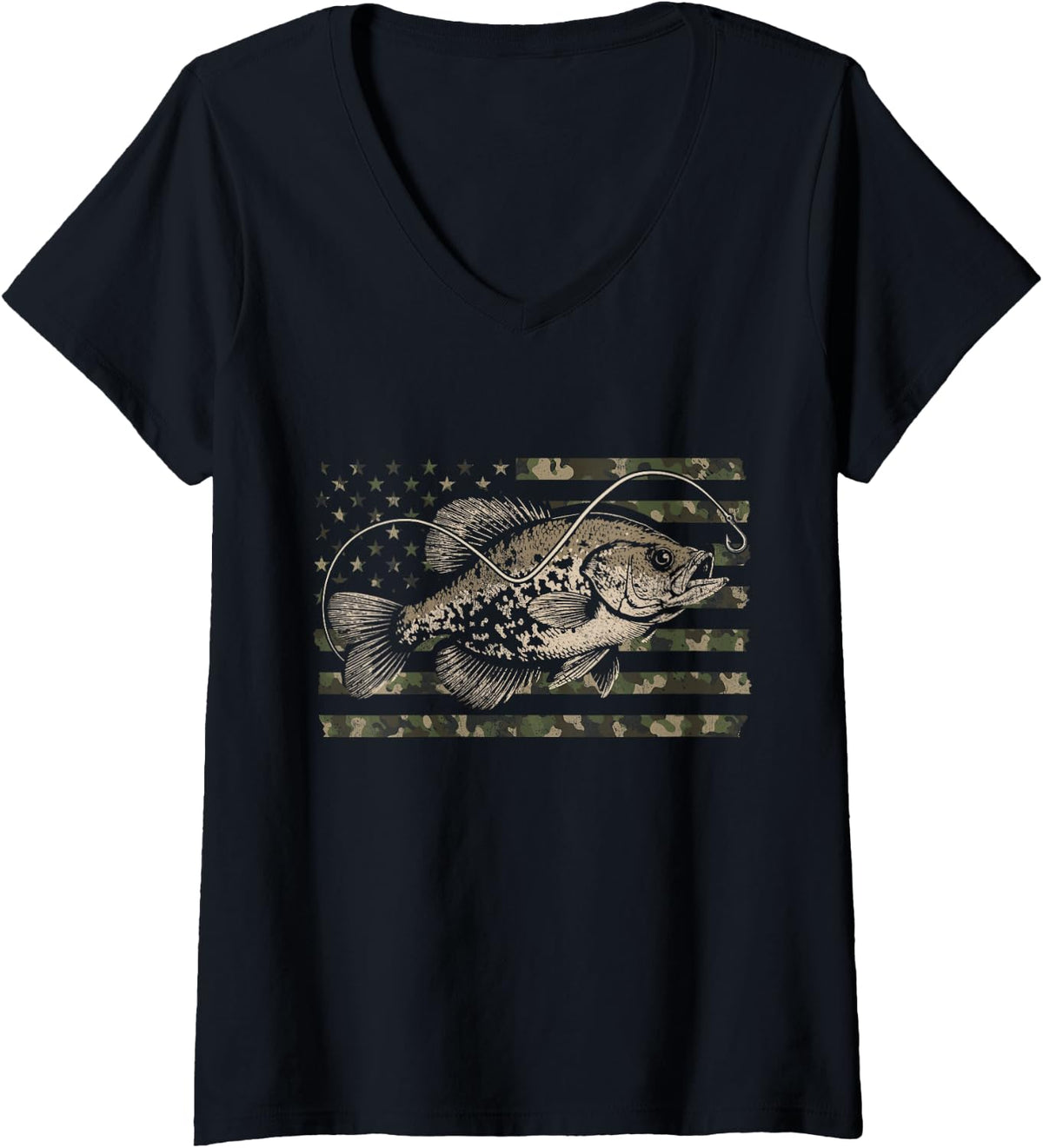 Women's Crappie Fishing Distressed Camo Flag V-Neck T-Shirt - Black