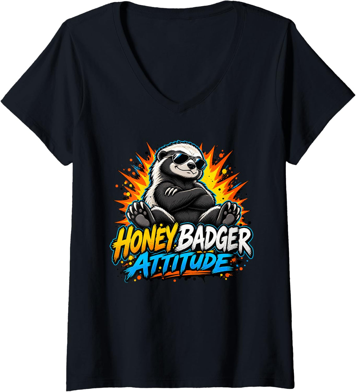 Women's Honey Badger Attitude Funny Zero Care Honey Badger Meme V-Neck T-Shirt - Black