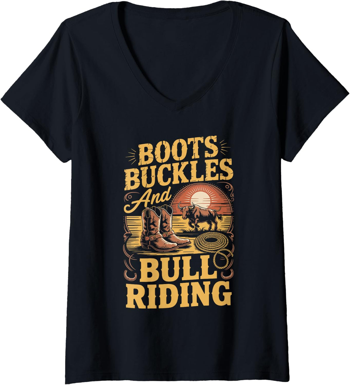Women's Boots Buckles and Bull Riding Rodeo V-Neck T-Shirt - Black