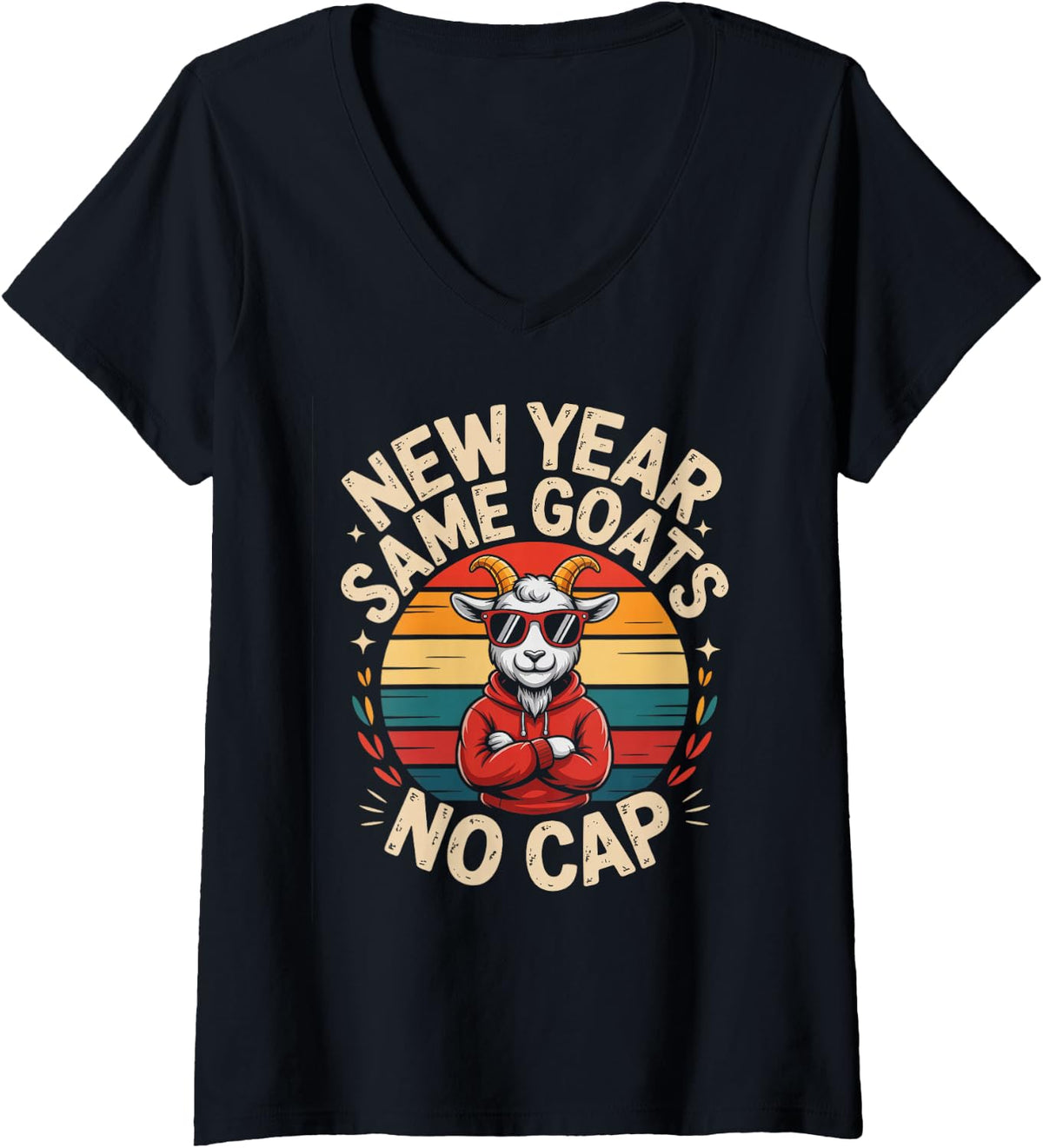 Women's Cute NEW Year Same Goats NO Cap Rizz Goated Teacher Happy V-Neck T-Shirt - Black