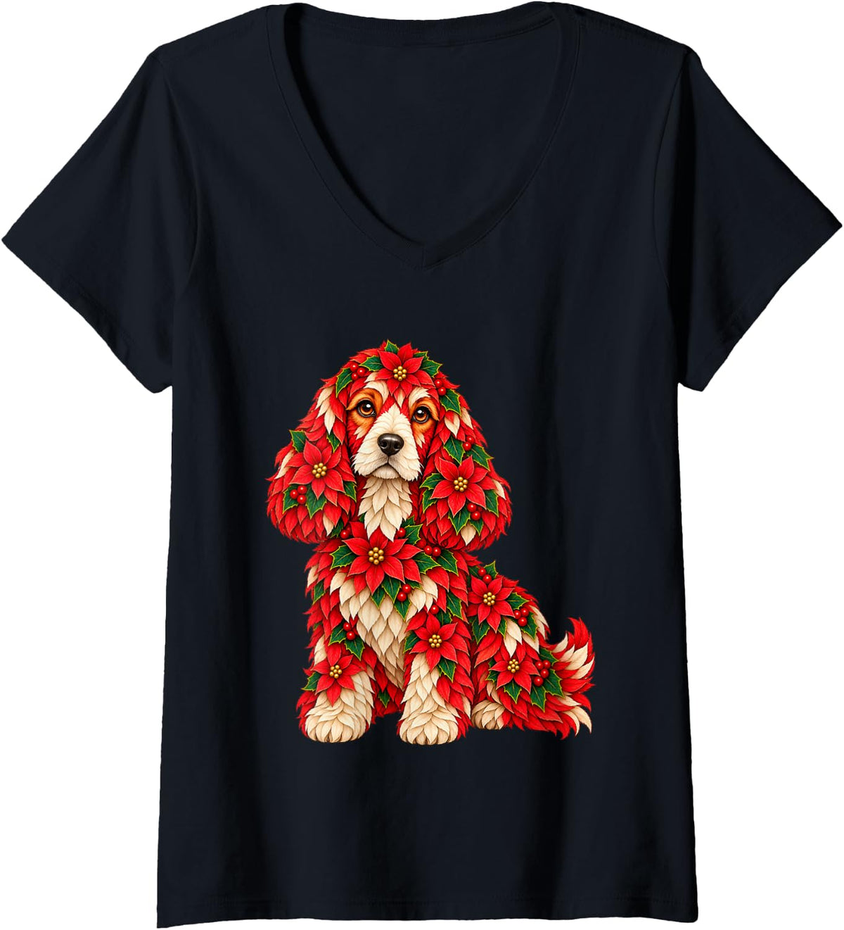 Women's Floral Christmas Cocker Spaniel with Poinsettia Flowers Xmas V-Neck T-Shirt - Black