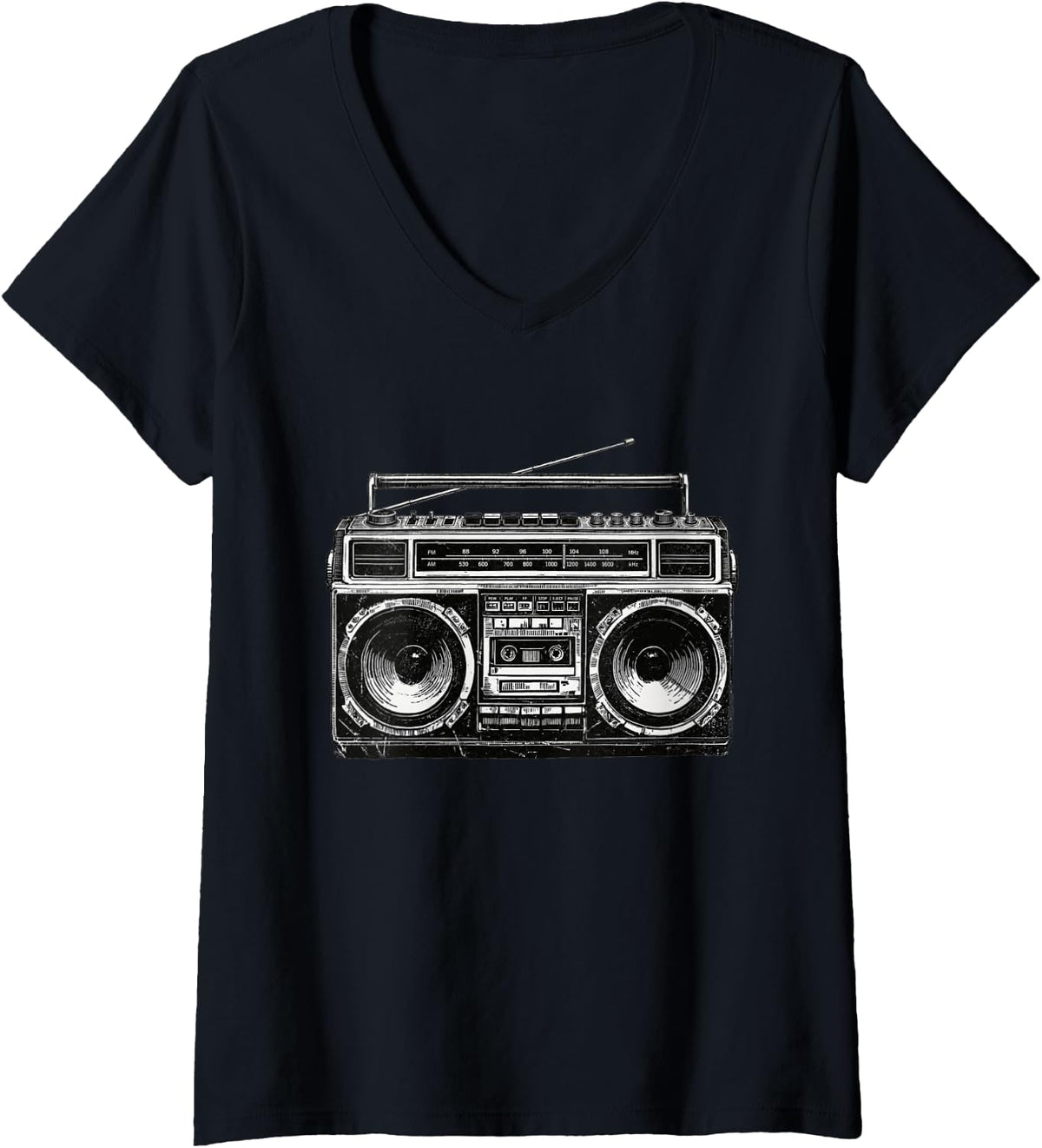 Women's Boombox Stereo R&B Hip Hop Old School Eighties 80s Music V-Neck T-Shirt - Black
