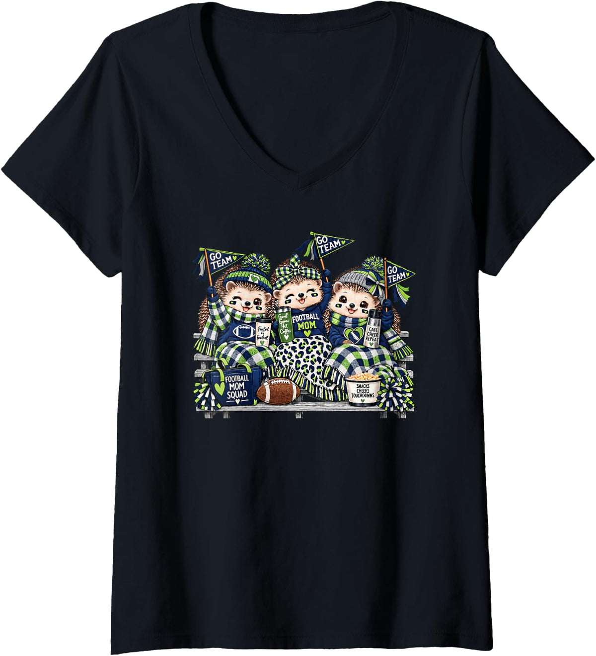 Women's Football Mom Squad Cute Hedgehog Game Day Cheer Blue Green V-Neck T-Shirt - Black