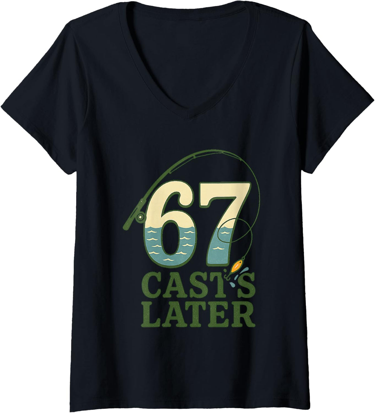 Women's 6 7 Meme Gen Alpha Retro Fishing Rod Lure Angler Bass Fisher V-Neck T-Shirt - Black