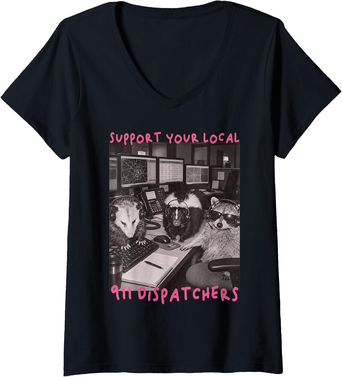 Women's Support Your Local 911 Dispatchers Funny Raccoon Meme V-Neck T-Shirt - Black