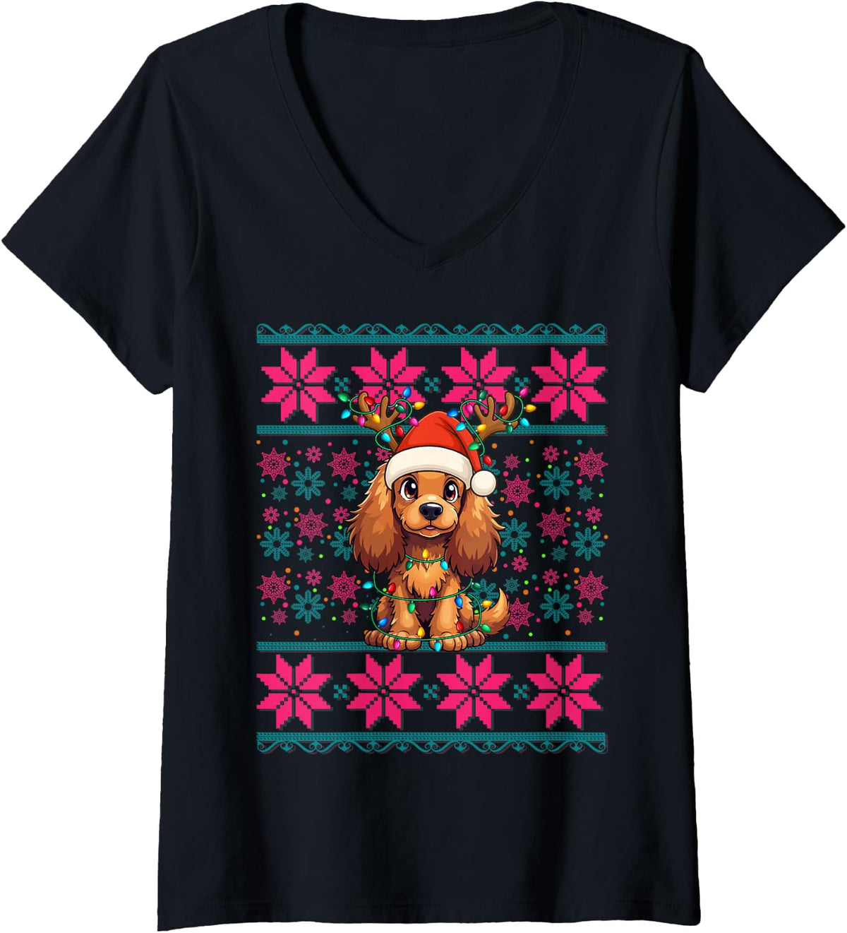 Women's Reindeer Santa Hat Ugly Christmas Cocker Spaniel Dog Girls V-Neck T-Shirt - Black