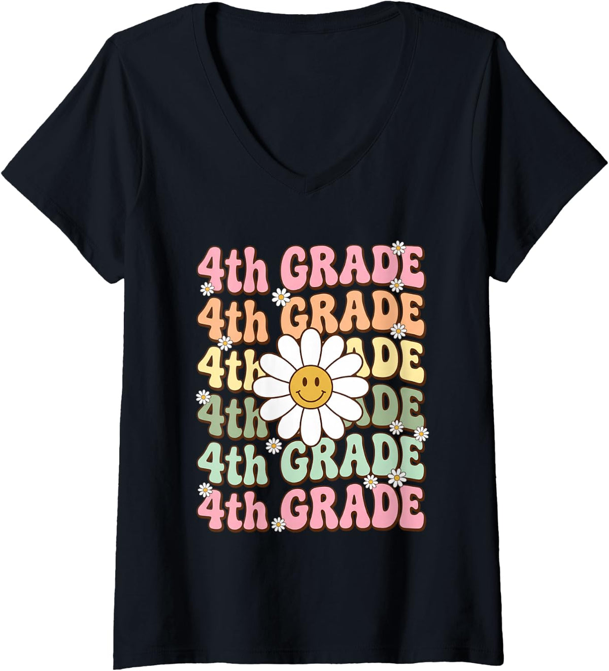 Women's Retro 4TH Grade Groovy Daisy Flower Back to School V-Neck T-Shirt - Black