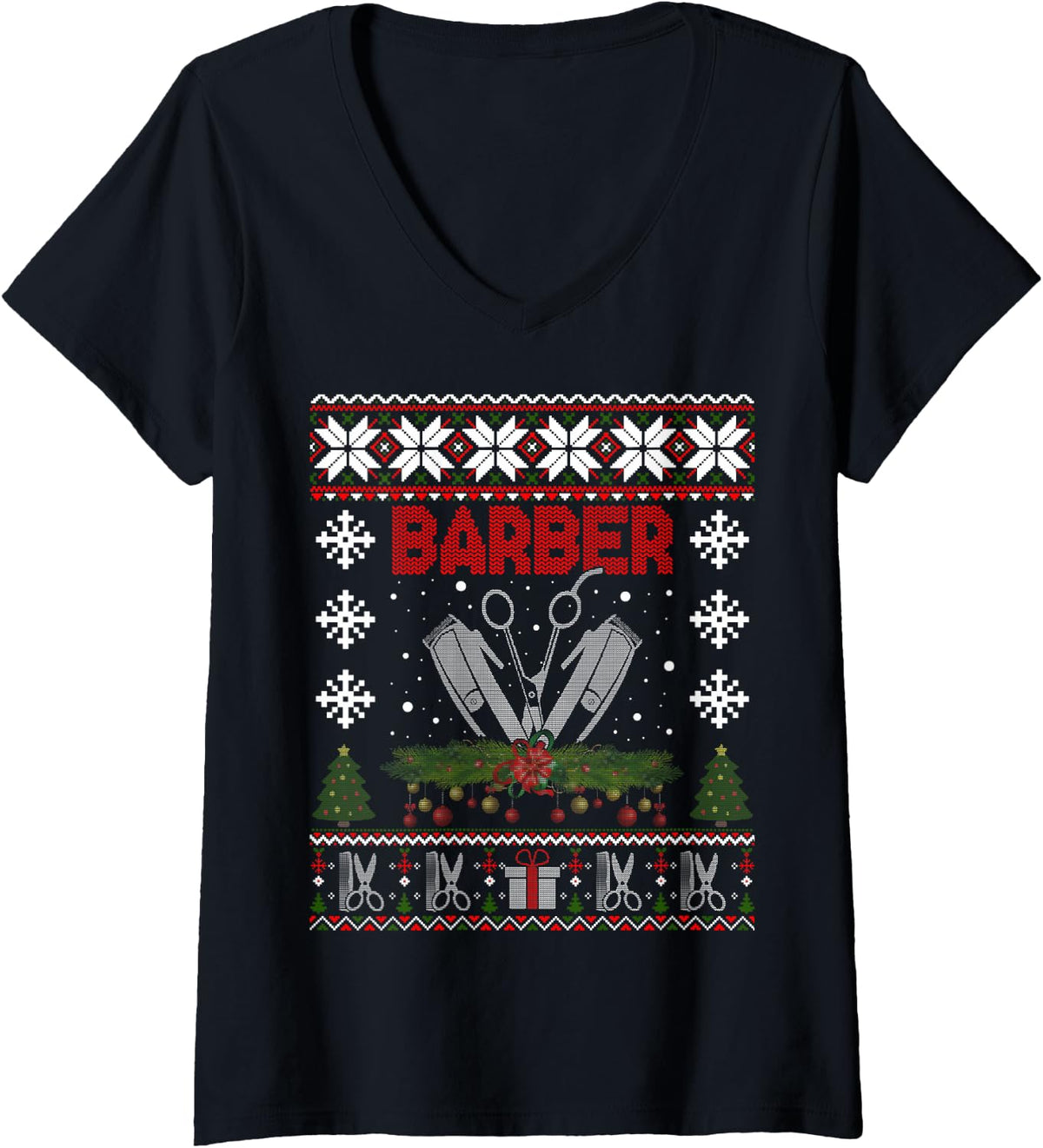 Women's Hair Trimmer Ugly Christmas Sweater Hairdresser Barber V-Neck T-Shirt - Black