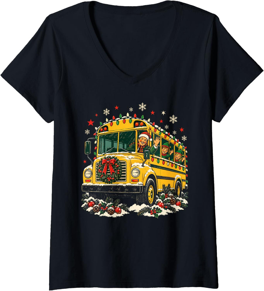 Women's Christmas Lights School Bus Driver Santa Hat Vintage V-Neck T-Shirt - Black