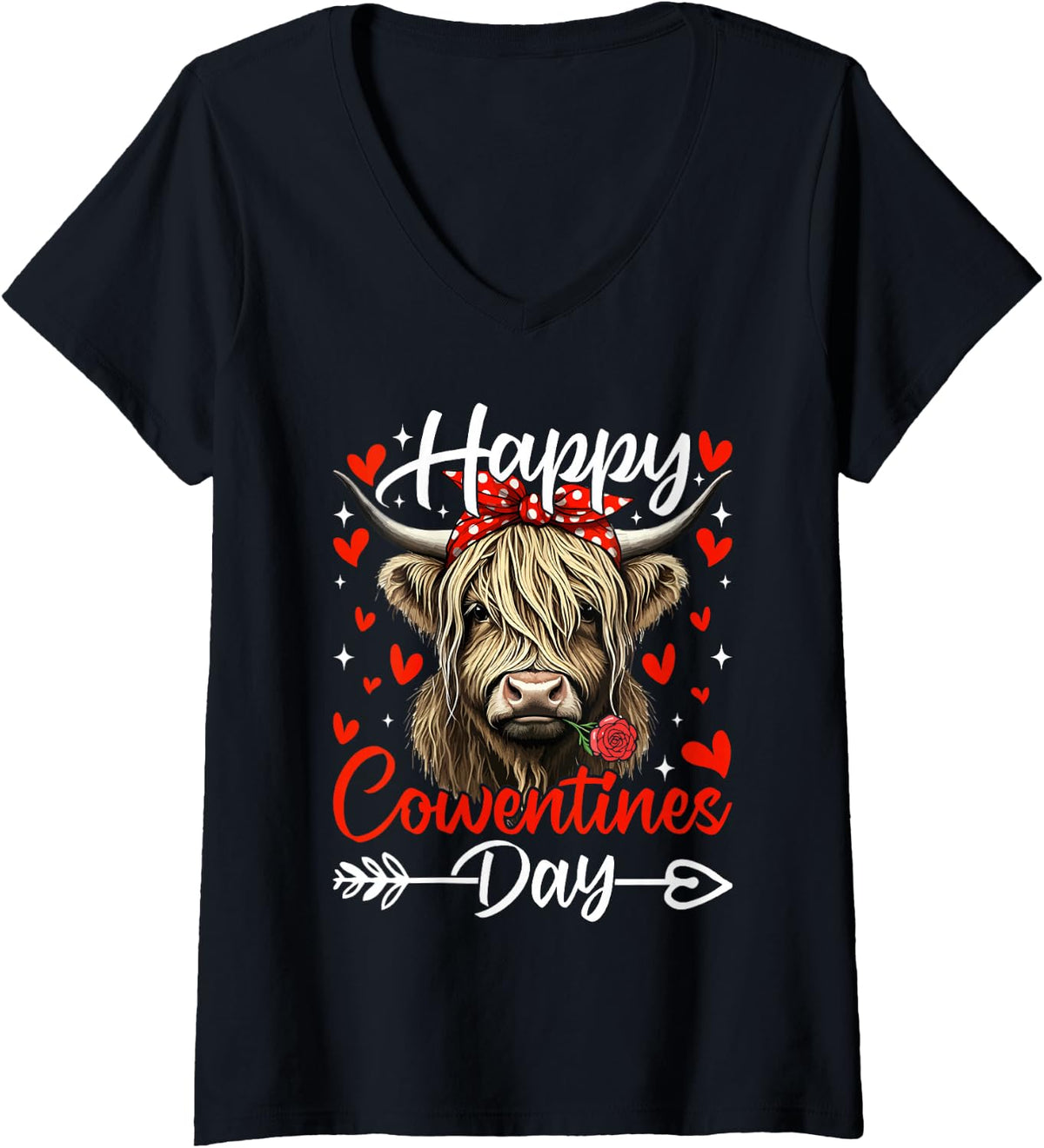 Women's Happy Cowntines Day Highland Cow Valentine’s Day Cow Lovers V-Neck T-Shirt - Black