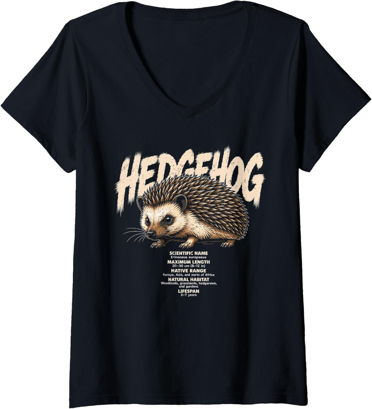 Women's Hedgehog Facts Wildlife Biology Graphic V-Neck T-Shirt - Black
