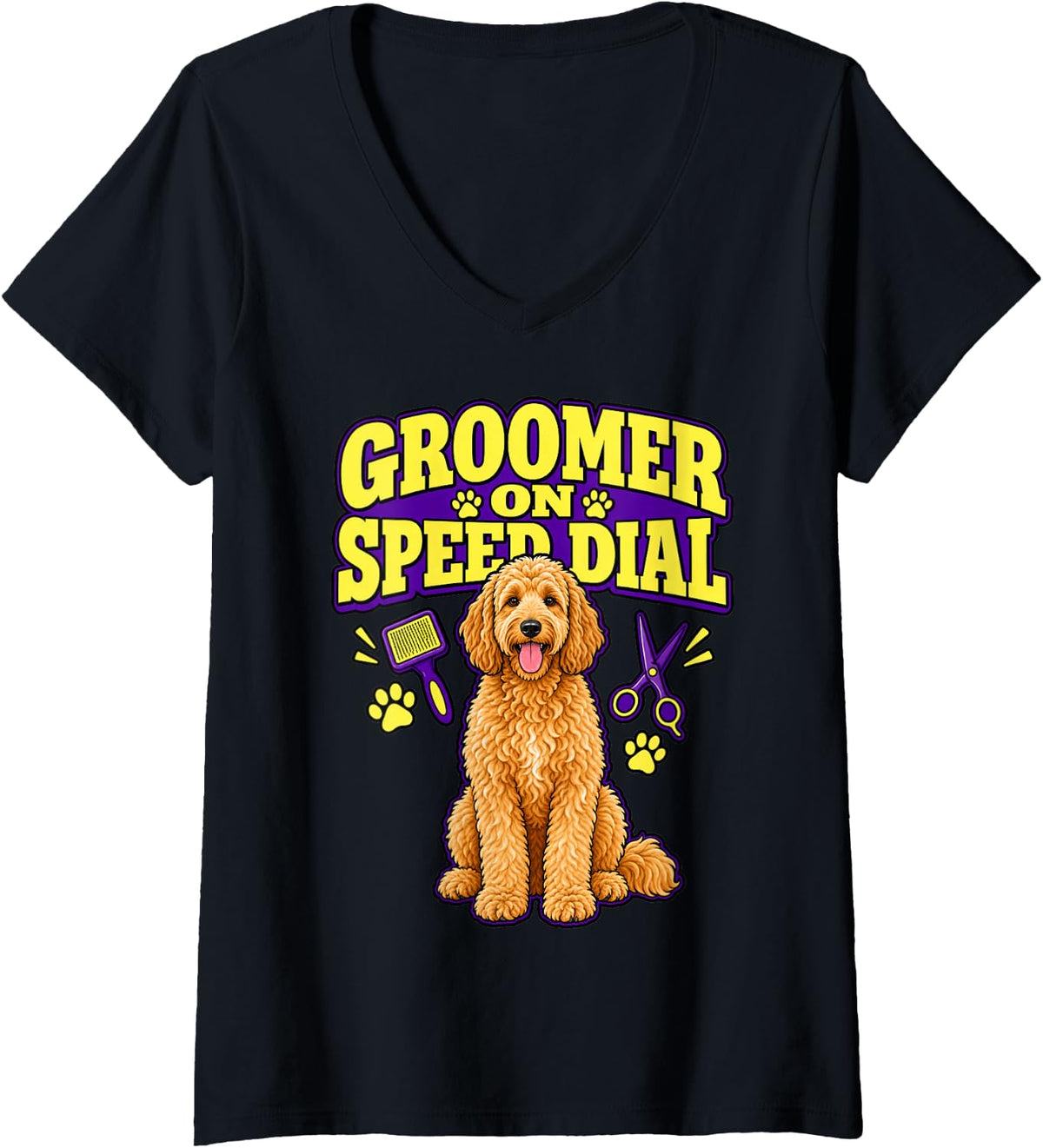 Women's Goldendoodle Groomer On Speed Dial Doodle Dad Funny Curly V-Neck T-Shirt - Black