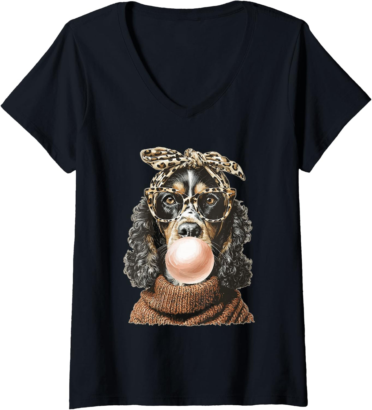 Women's Black Cocker Spaniel with Bubblegum Coquette Bow Autumn Dog V-Neck T-Shirt - Black
