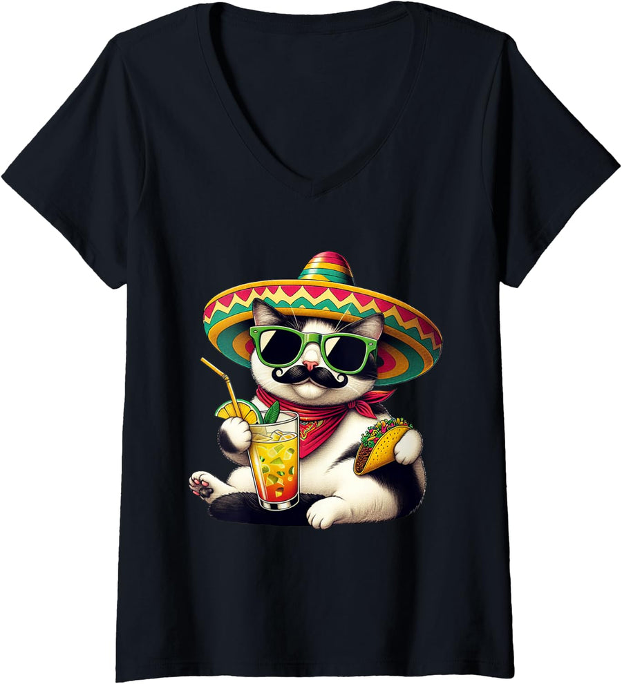 Womens Funny Cinco De Mayo Cat Lovers Tacos Fiesta Humor Funny Meow V-Neck T-Shirt - Black