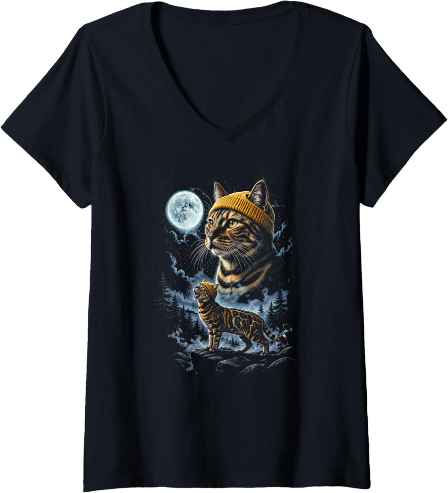 Women's Bengal Hipster Cat Howling At The Moon Lover V-Neck T-Shirt - Black