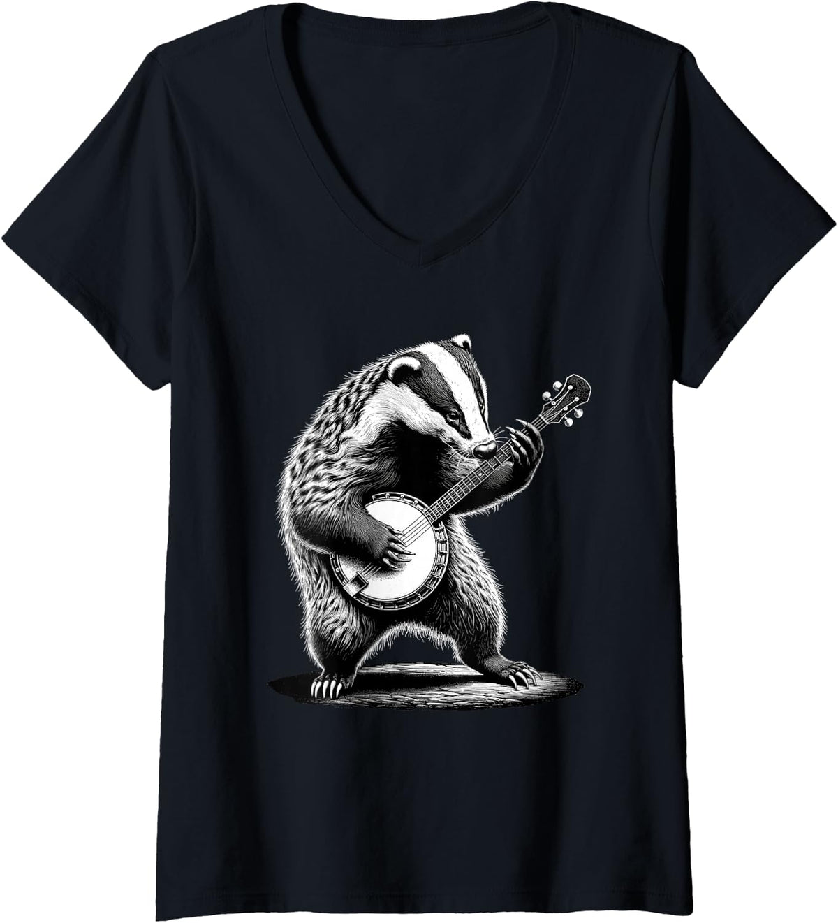 Women's Honey Badger Banjo Bluegrass Marching Band Musician V-Neck T-Shirt - Black