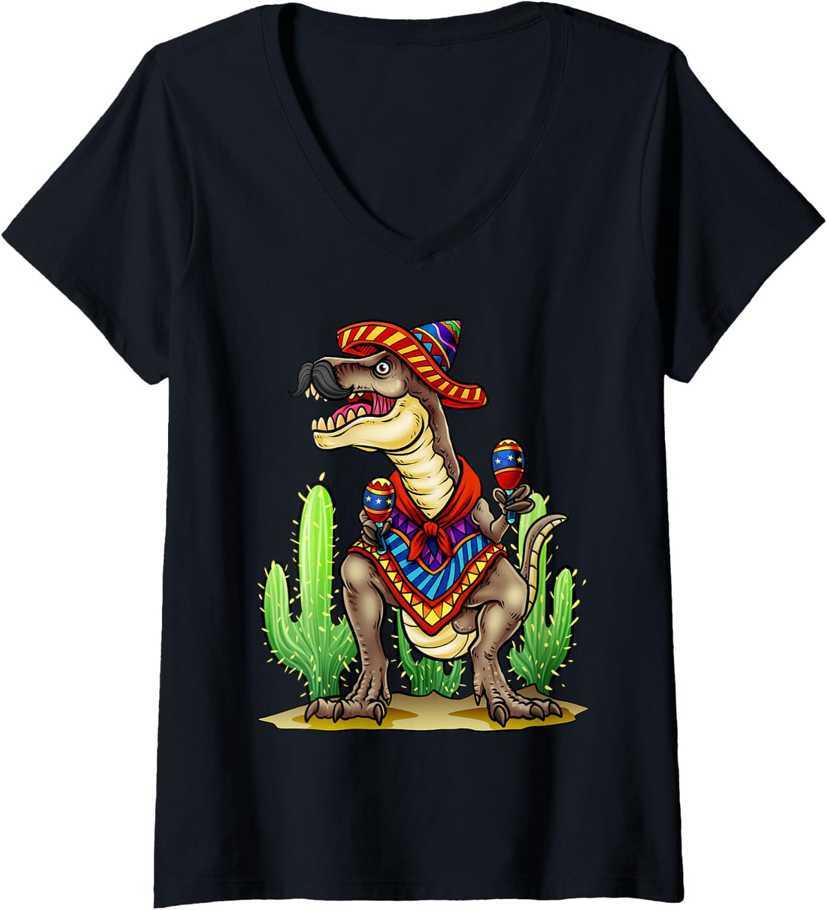 Women's Cinco de Mayo Dinosaur Mexican T-Rex Mustache Poncho Rawr V-Neck T-Shirt - Black