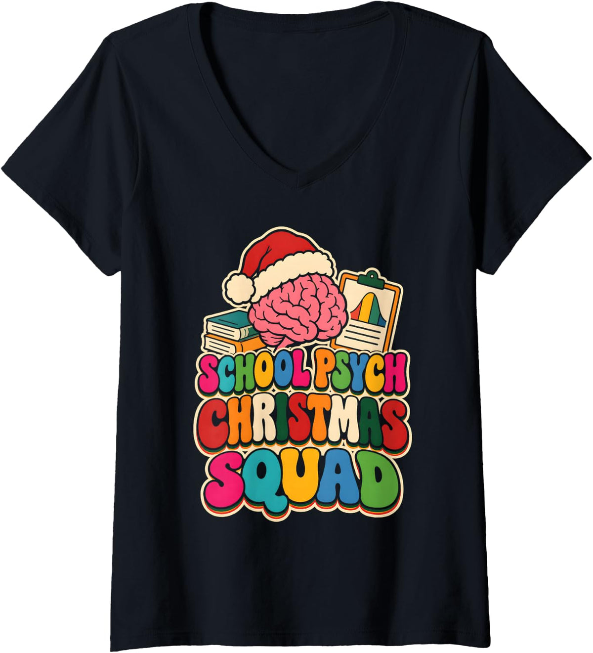 Women's School Psych Christmas Squad School Psychologist Christmas V-Neck T-Shirt - Black