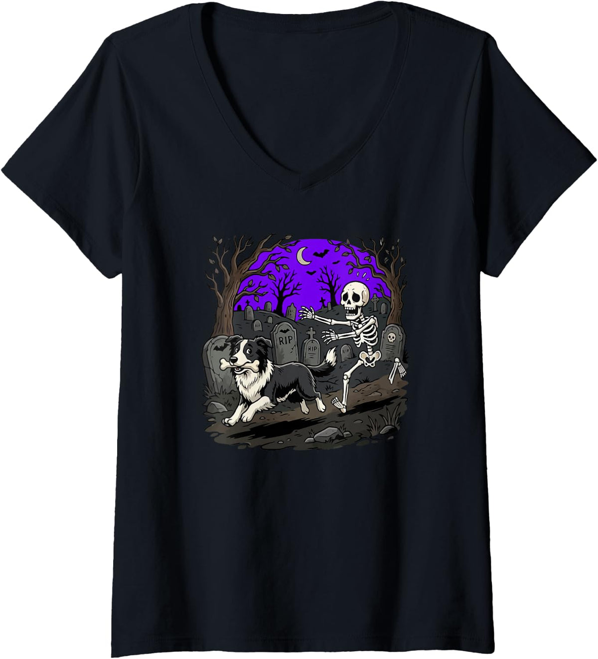 Women's Border Collie Dog and Skeleton Halloween V-Neck T-Shirt - Black