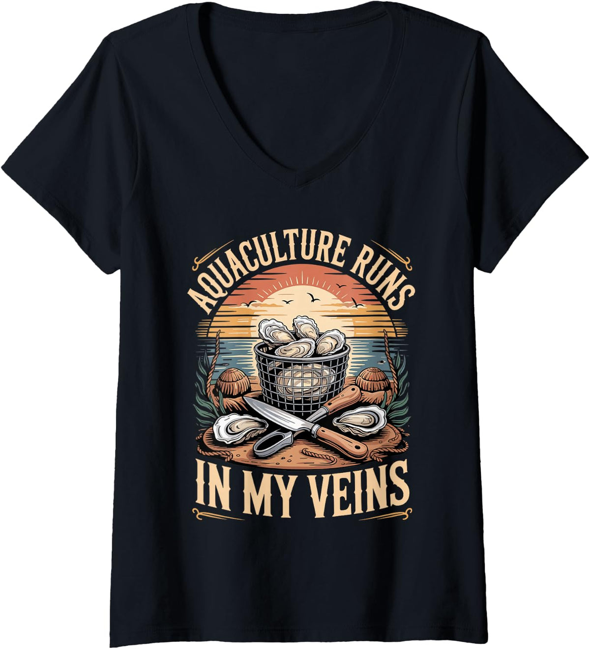 Women's Aquaculture Runs in My Veins Oyster Farmer V-Neck T-Shirt - Black