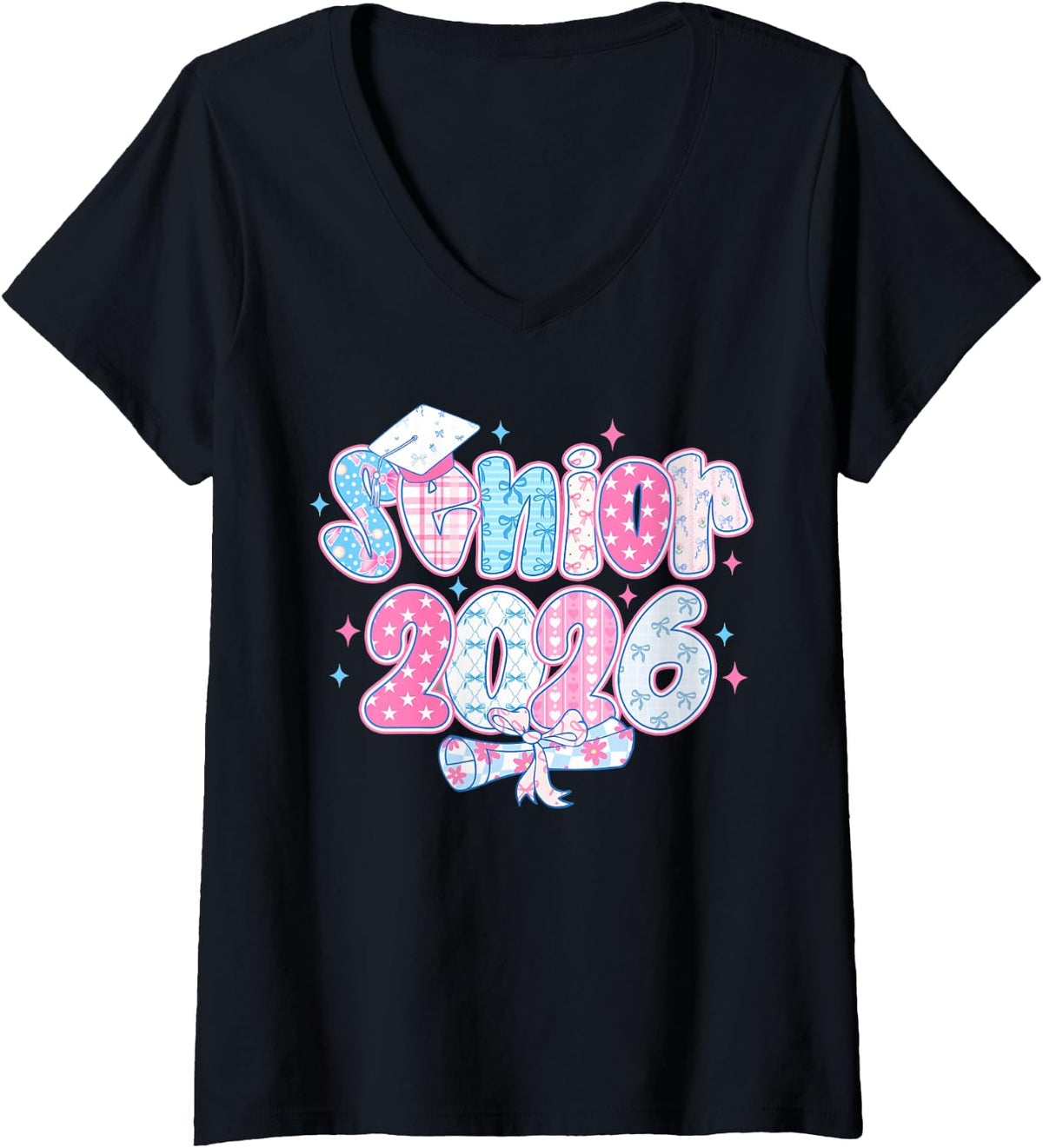 Women's Senior Crown Class of 2026 Cute Coquette Bow Teacher Student V-Neck T-Shirt - Black