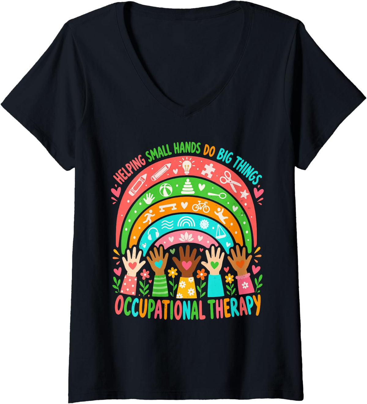 Women's Helping Small Hands Do Big Things Occupational Therapy V-Neck T-Shirt - Black