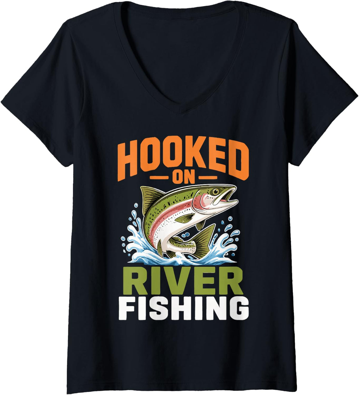 Women's Funny River Fishing Lover Freshwater Angler Fisherman V-Neck T-Shirt - Black