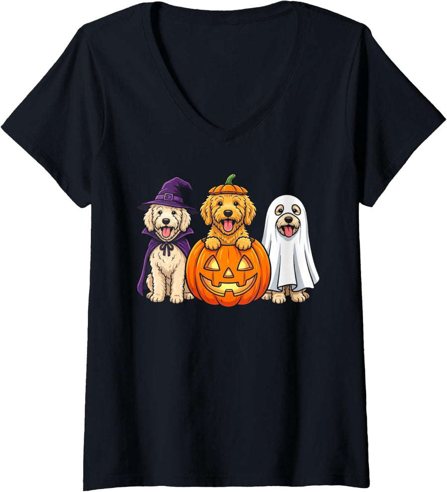 Women's Goldendoodle Halloween Spooky Witch Pumpkin and Ghost Scary V-Neck T-Shirt - Black