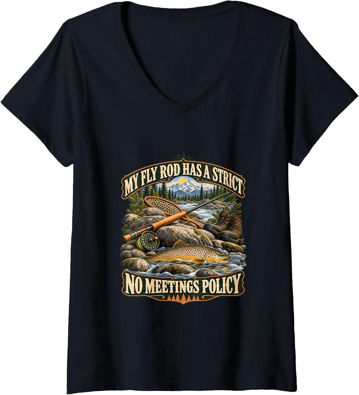Women's Fly Rod No Meetings Policy Funny Fly Fishing V-Neck T-Shirt - Black