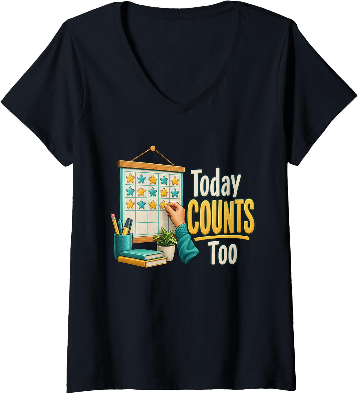 Women's Today Counts Too Back to School Teacher Elementary V-Neck T-Shirt - Black