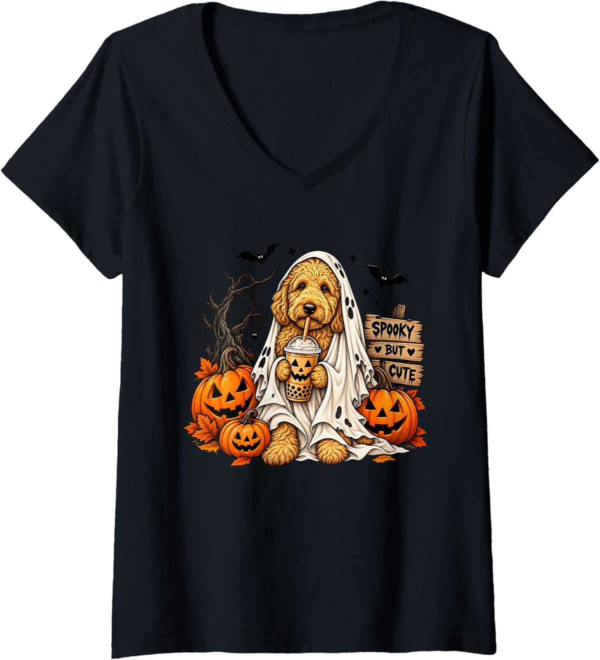 Women's Goldendoodle Ghost and Boba Cute Halloween Dog Lover V-Neck T-Shirt - Black