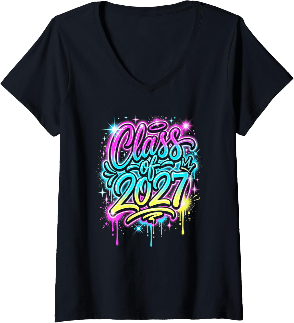 Women's Class of 2027 90s Airbrush Graffiti Dripping School Senior V-Neck T-Shirt - Black