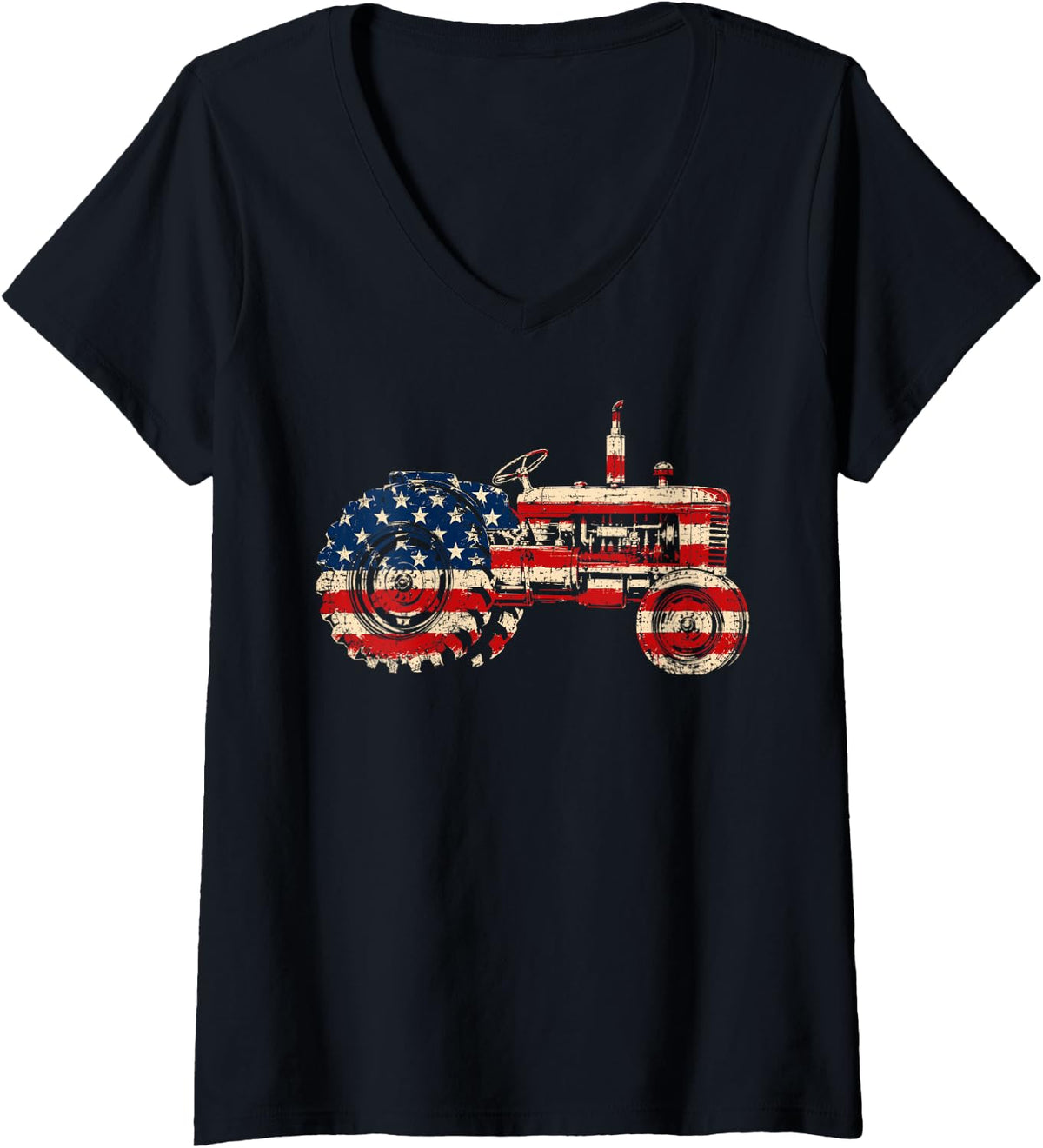Women's Farm Tractor Proud Farmer Patriotic American Flag Tractor V-Neck T-Shirt - Black