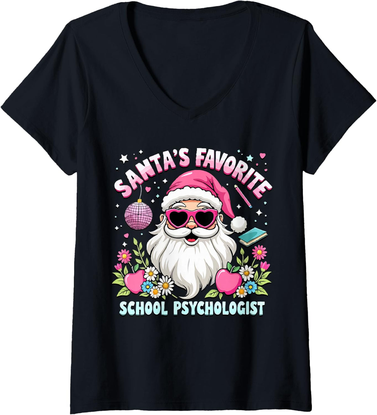 Women's Funny Pink Santa's Favorite School Psychologist Christmas V-Neck T-Shirt - Black