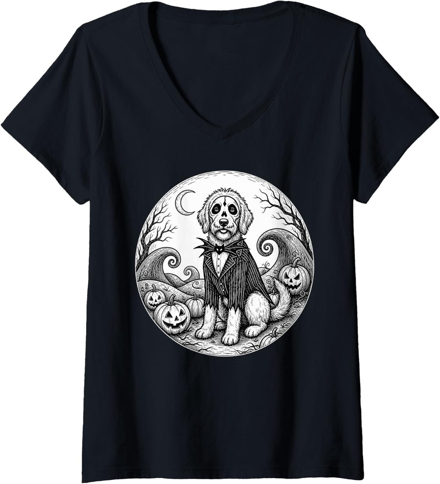 Women's Goldendoodle Halloween Dog Lover Spooky Season Cute V-Neck T-Shirt - Black