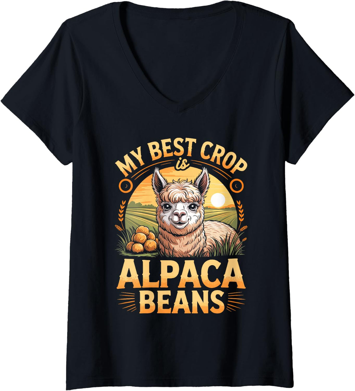 Women's My Best Crop is Alpaca Beans Alpacas V-Neck T-Shirt - Black