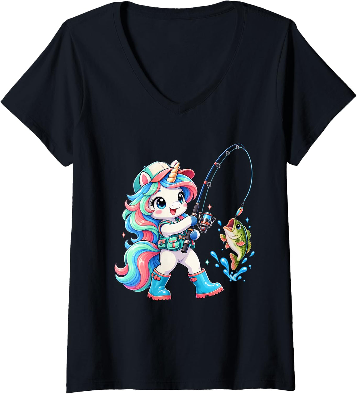 Women's Cute Unicorn Bass Fishing Angler Fisher Girl Women V-Neck T-Shirt - Black