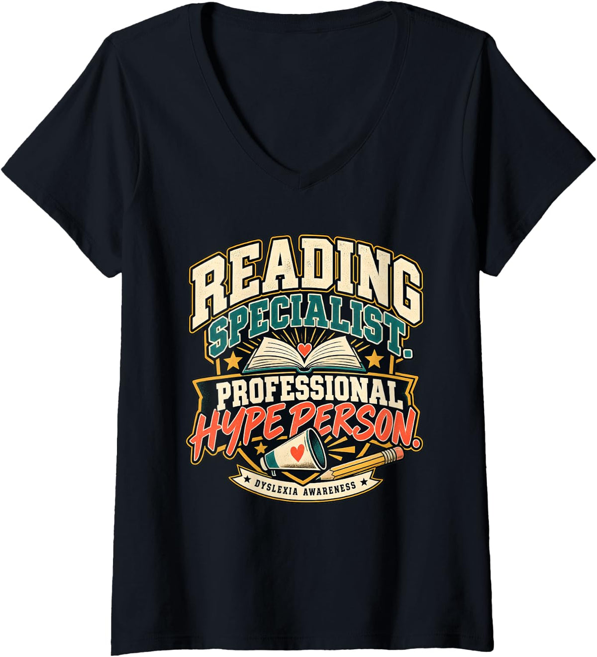 Women's Reading Specialist Professional Hype Person Dyslexia V-Neck T-Shirt - Black