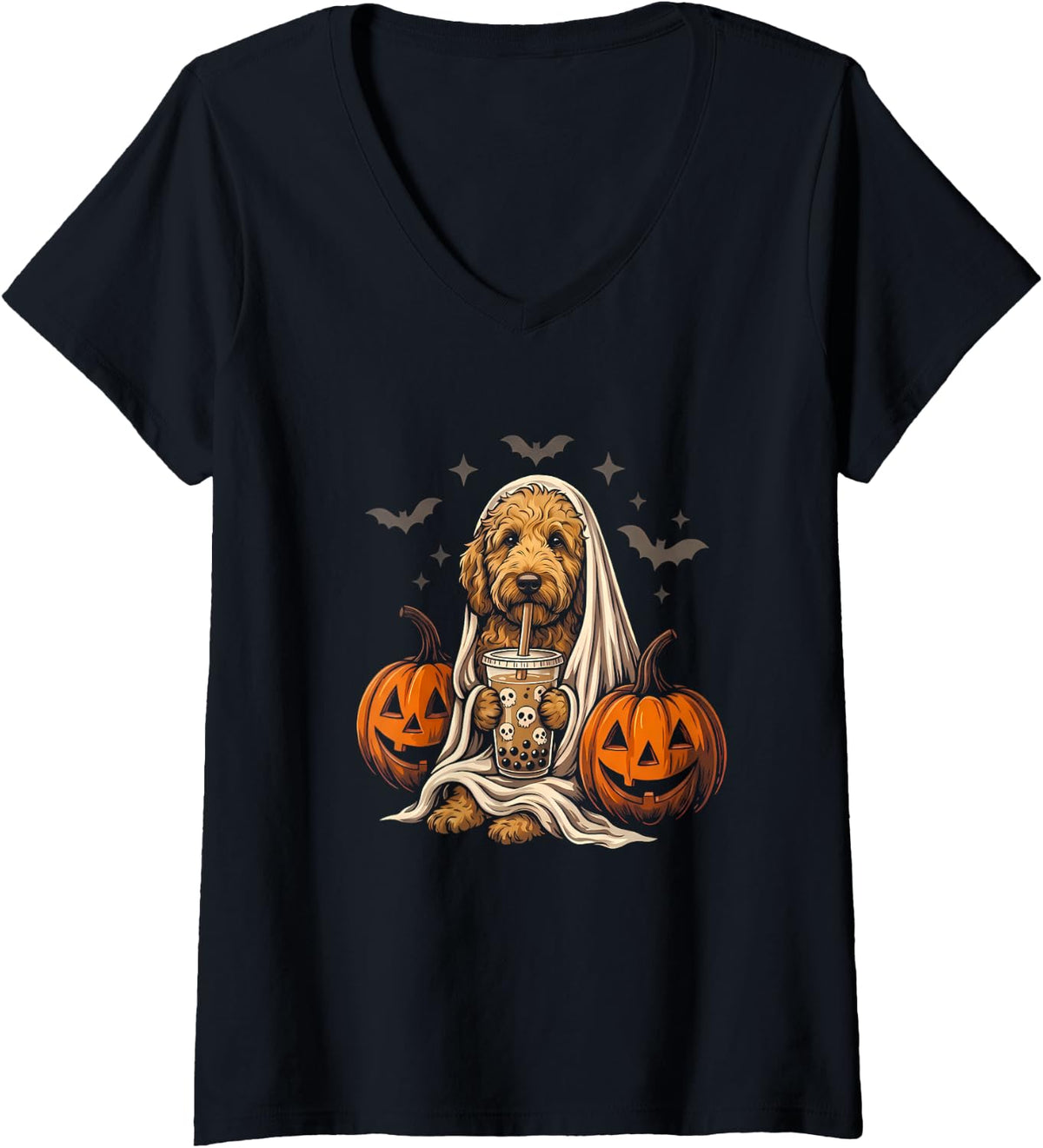 Women's Goldendoodle Ghost Drinking Boba Halloween Pumpkin V-Neck T-Shirt - Black