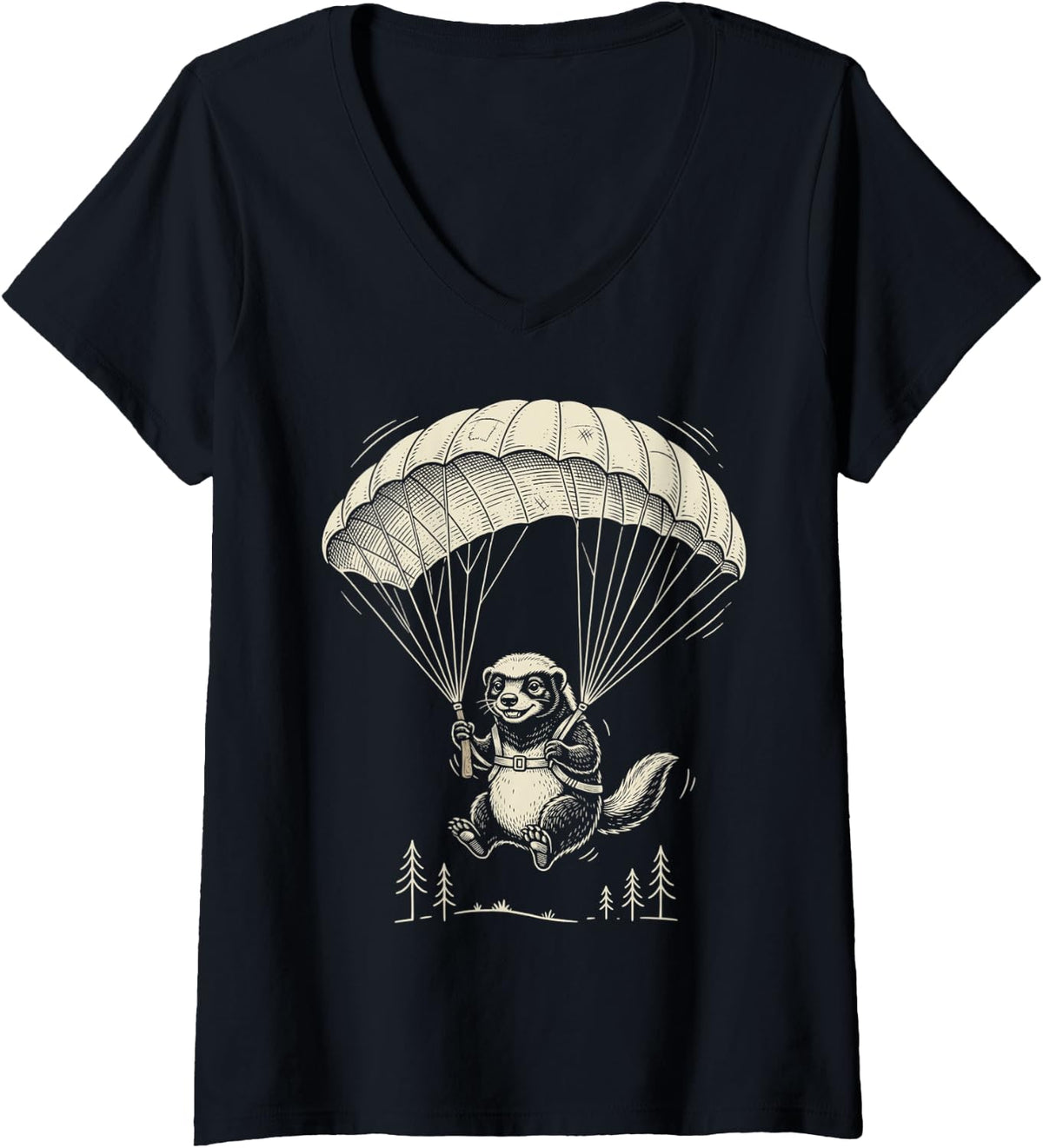 Women's Funny Skydiving Honey Badger Design Parachute Animal Art V-Neck T-Shirt - Black