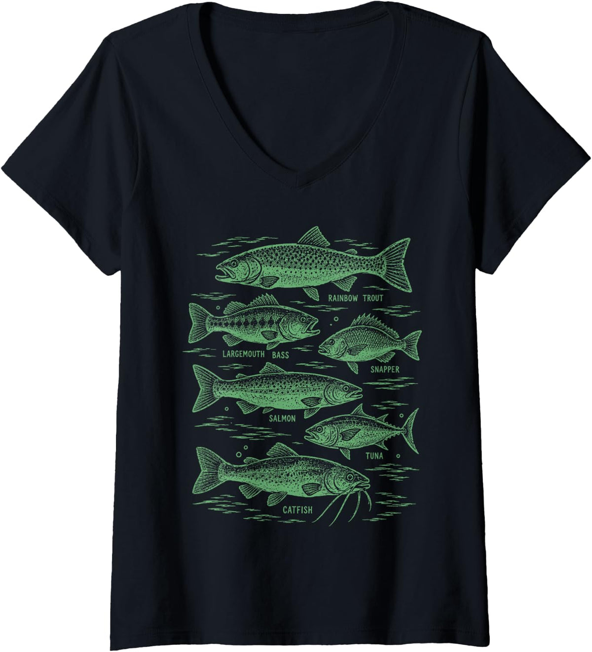 Women's Fish Species Fishing Fisherman Catfish Tuna Salmon Angler V-Neck T-Shirt - Black