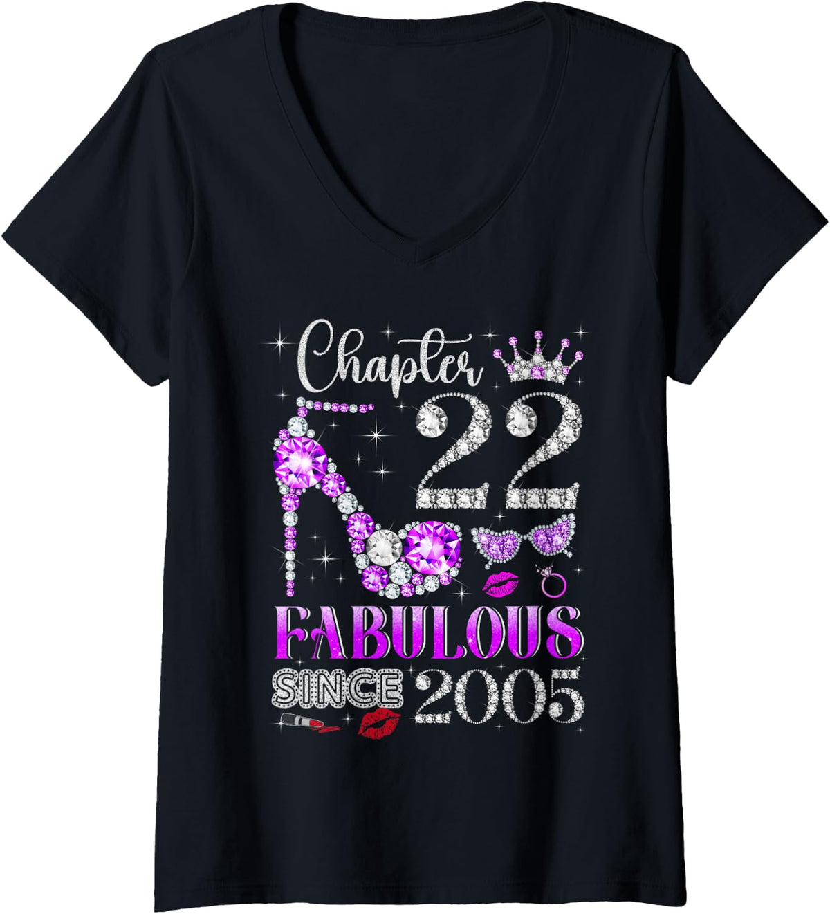 Women's Chapter 22 Fabulous Since 2005 22nd Birthday Ladies Girls V-Neck T-Shirt - Black