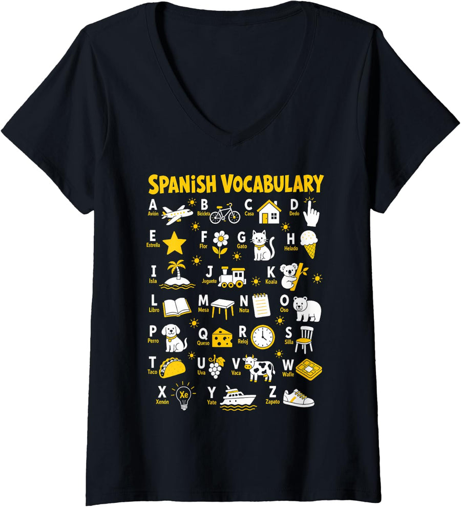 Women's Spanish Vocabulary Alphabet Teacher Bilingual Learning V-Neck T-Shirt - Black