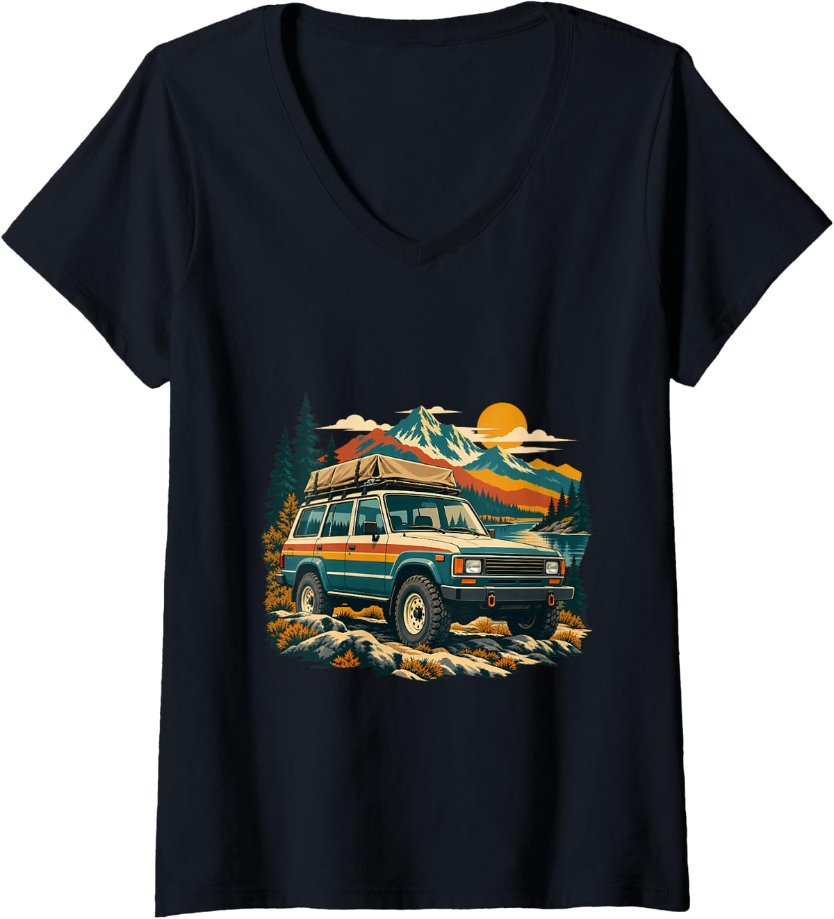 Women's Vintage Overlanding 4x4 Off Road Mountain Adventure V-Neck T-Shirt - Black